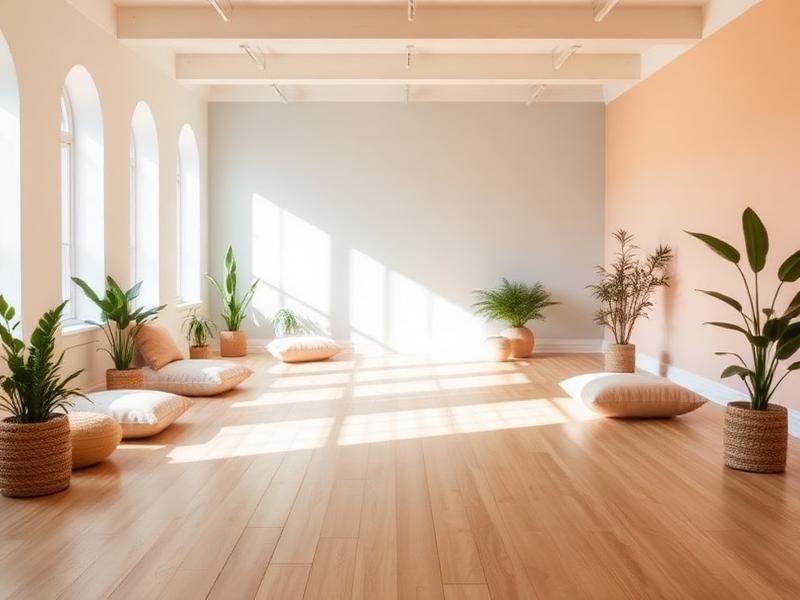 A serene empty studio with wooden floors and plants