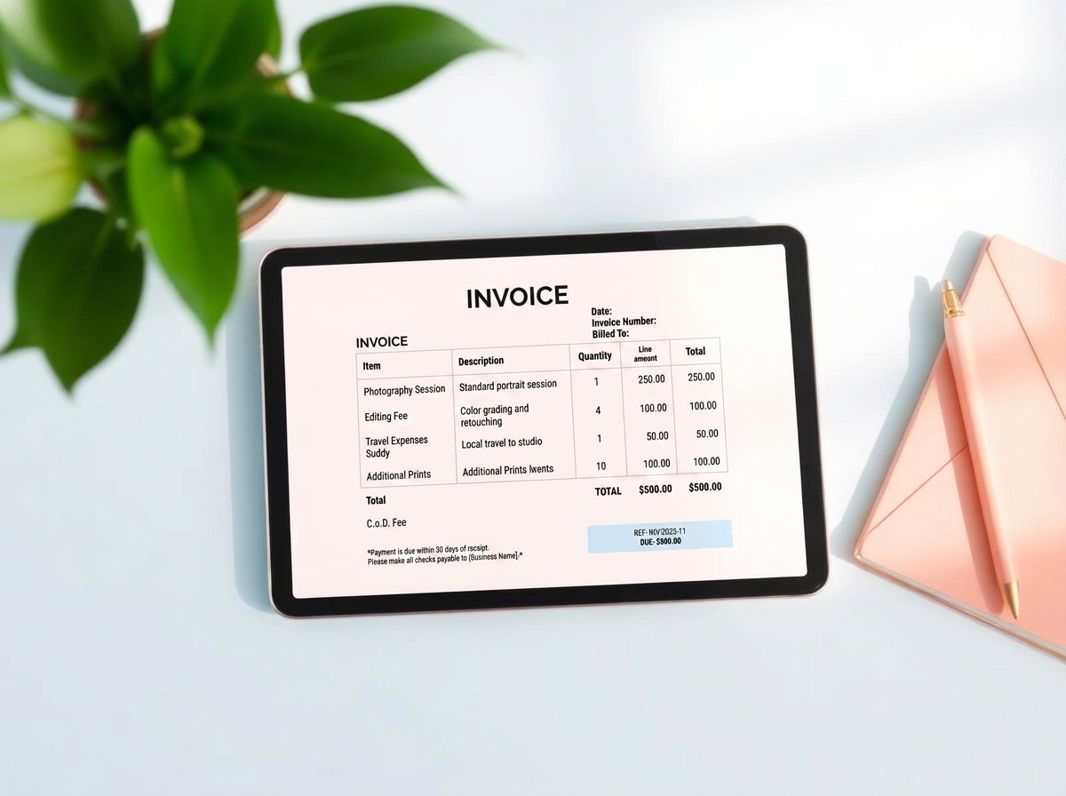 A clean simple invoice on a tablet on a calm desk