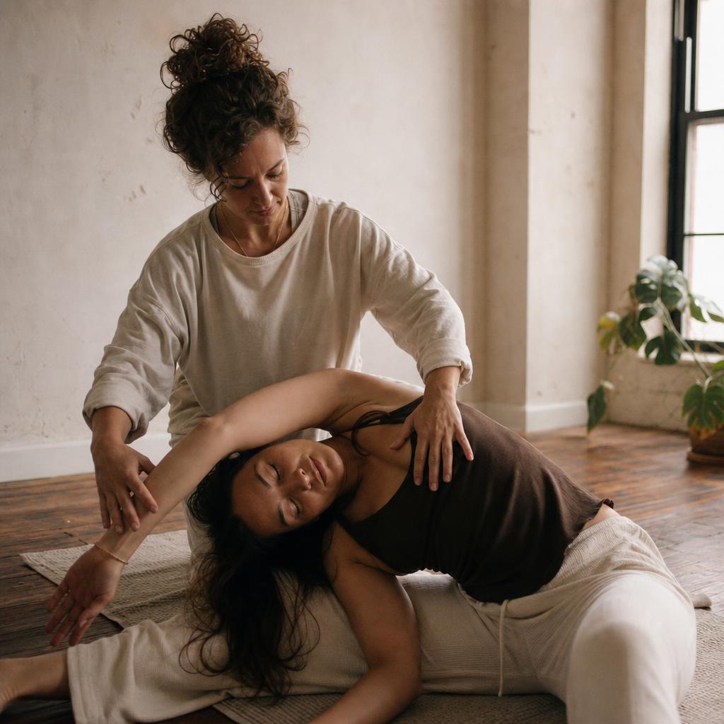 A wellness practitioner gently guiding a client through a stretch