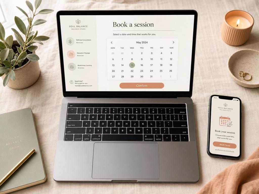 A client self-booking an appointment on a laptop in a bright workspace