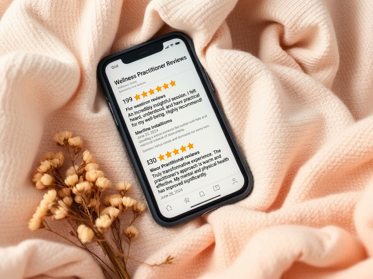 A phone showing five-star client reviews