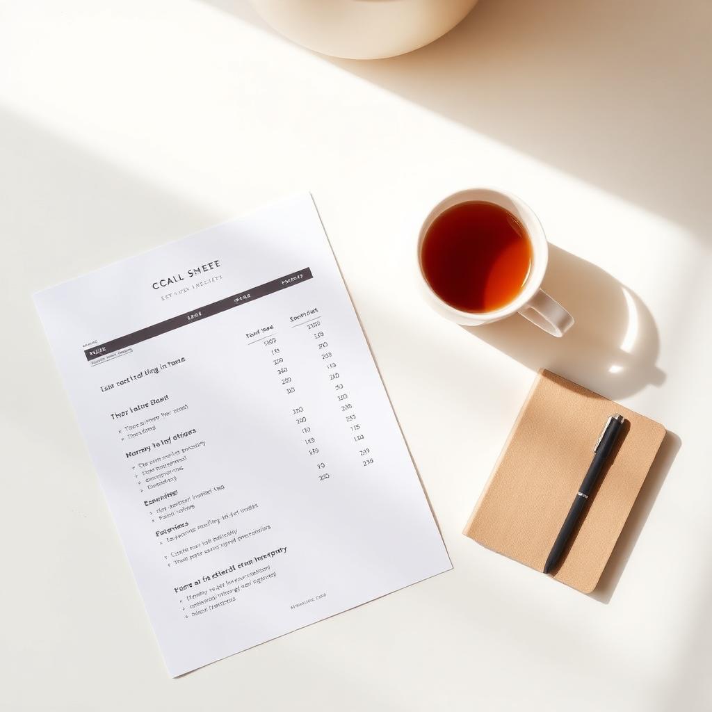 A calm workspace with a pricing sheet and tea