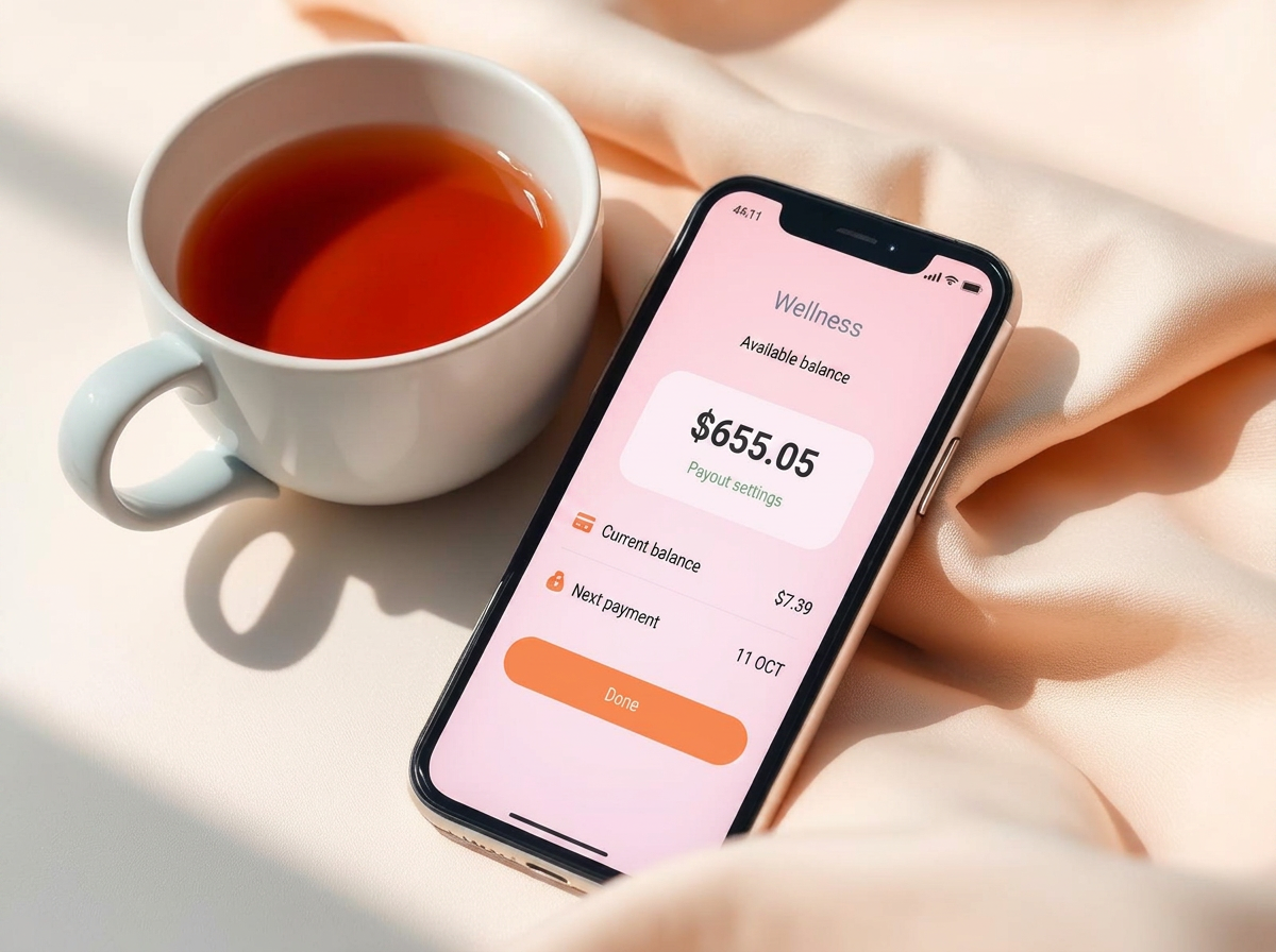 A phone showing a successful payout balance next to a cup of tea