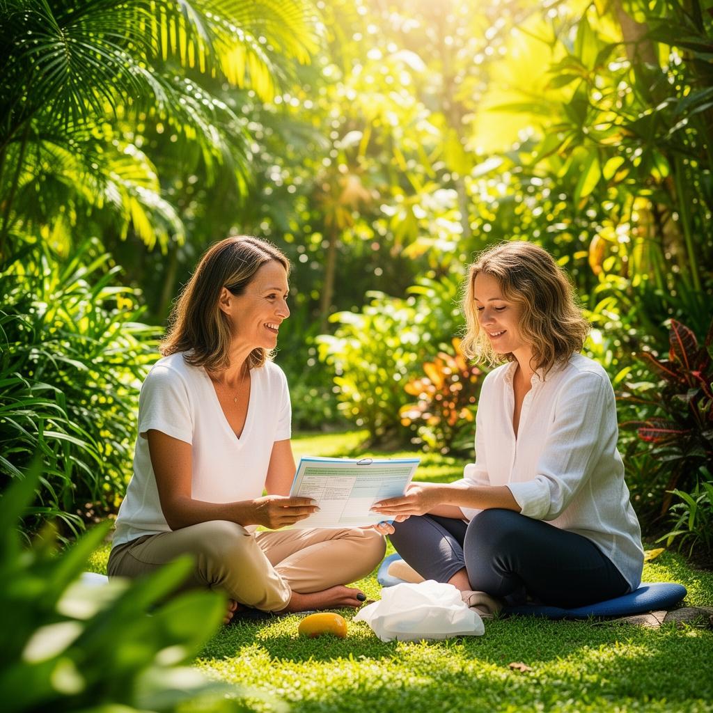 Coach and client reviewing a wellness plan in a lush tropical garden